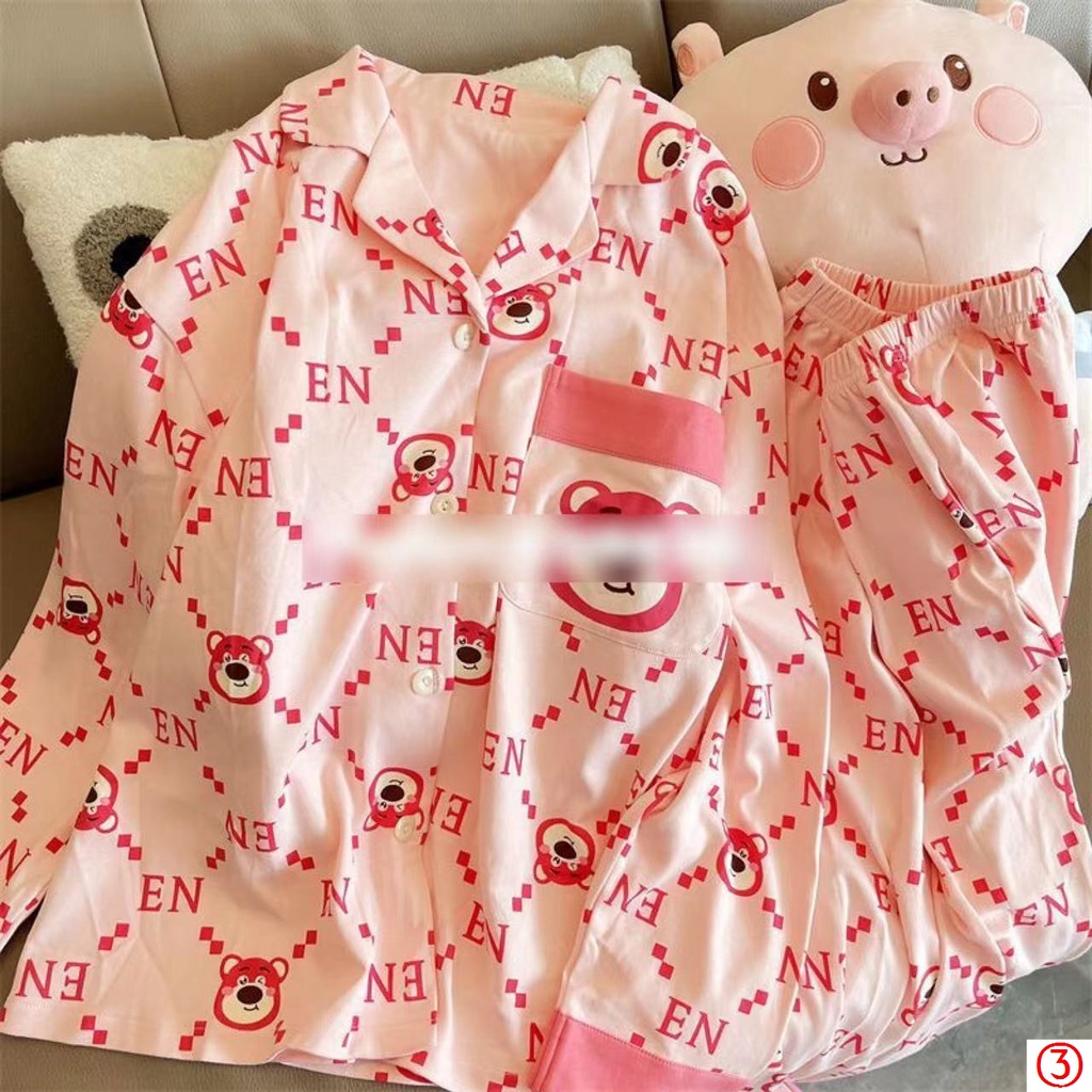Bộ Đồ Ngủ Tay Dài In Họa Tiết Gấu Và Dâu Tây Dễ Thương Thời Trang Thu Đông Cho Nữ