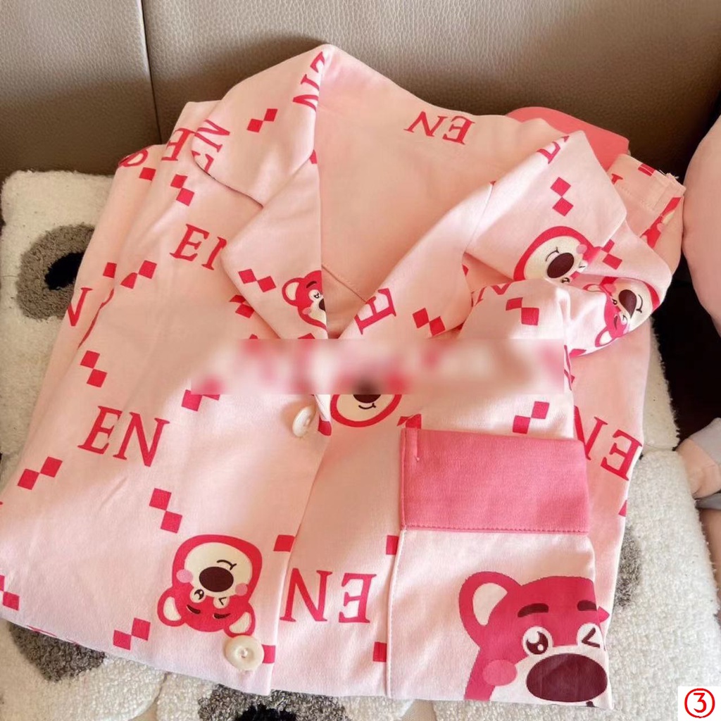 Bộ Đồ Ngủ Tay Dài In Họa Tiết Gấu Và Dâu Tây Dễ Thương Thời Trang Thu Đông Cho Nữ