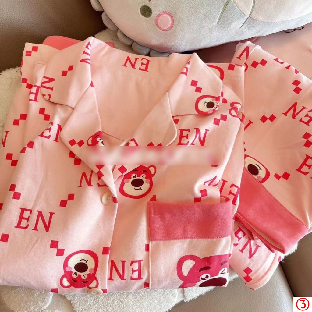 Bộ Đồ Ngủ Tay Dài In Họa Tiết Gấu Và Dâu Tây Dễ Thương Thời Trang Thu Đông Cho Nữ