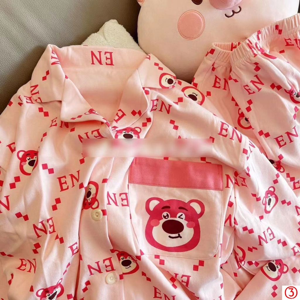 Bộ Đồ Ngủ Tay Dài In Họa Tiết Gấu Và Dâu Tây Dễ Thương Thời Trang Thu Đông Cho Nữ