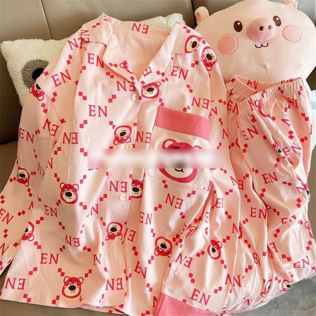 Bộ Đồ Ngủ Tay Dài In Họa Tiết Gấu Và Dâu Tây Dễ Thương Thời Trang Thu Đông Cho Nữ