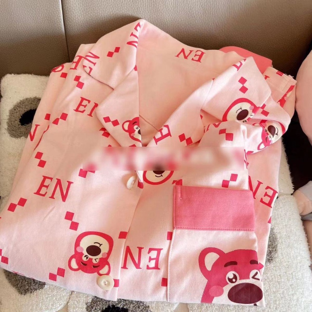 Bộ Đồ Ngủ Tay Dài In Họa Tiết Gấu Và Dâu Tây Dễ Thương Thời Trang Thu Đông Cho Nữ