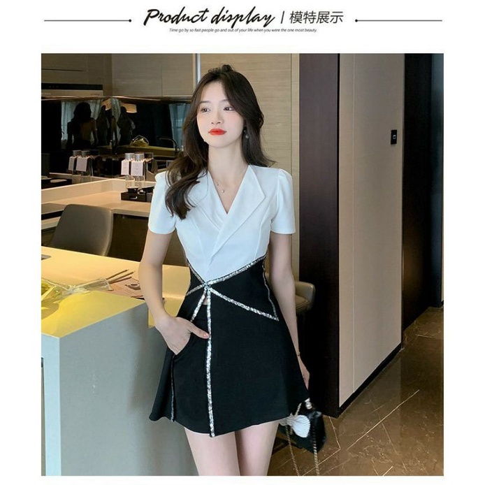 Hàng nhập - Set bộ nữ short thun cổ vest viền kim sa, sét đồ thời trang quần áo ngắn giả váy