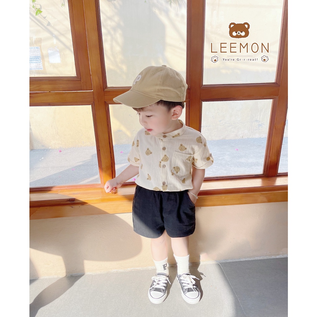 Bộ đũi cộc sơ mi gấu cho bé Beemo áo cổ tàu
