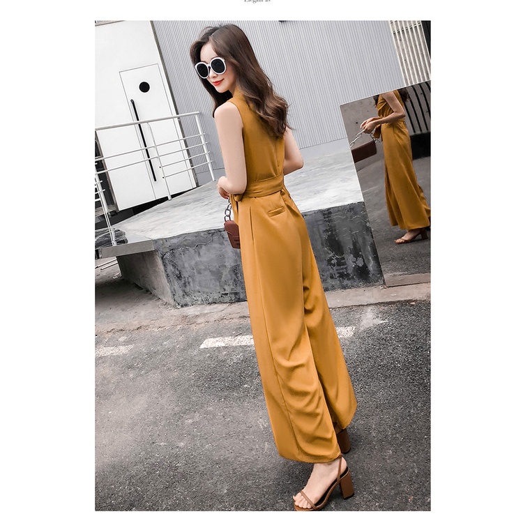 Áo Liền Quần Không Tay Cổ Chữ V Lưng Cao Ống Rộng Thời Trang Mùa Hè Phong Cách Hàn Quốc Cho Nữ