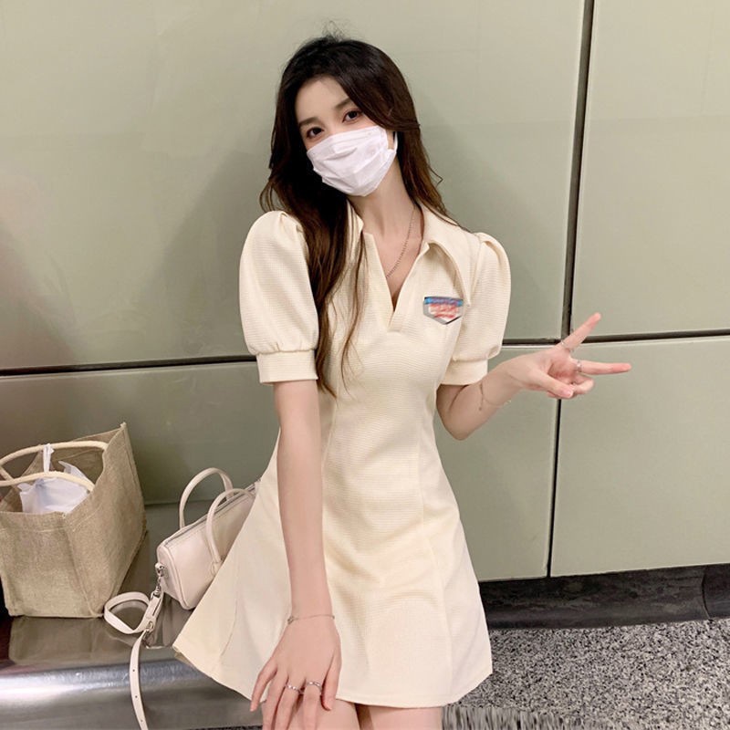 Đầm Chữ A Tay Ngắn Phồng Cổ Bẻ Thời Trang Mùa Hè Hàn Quốc Mới 2023