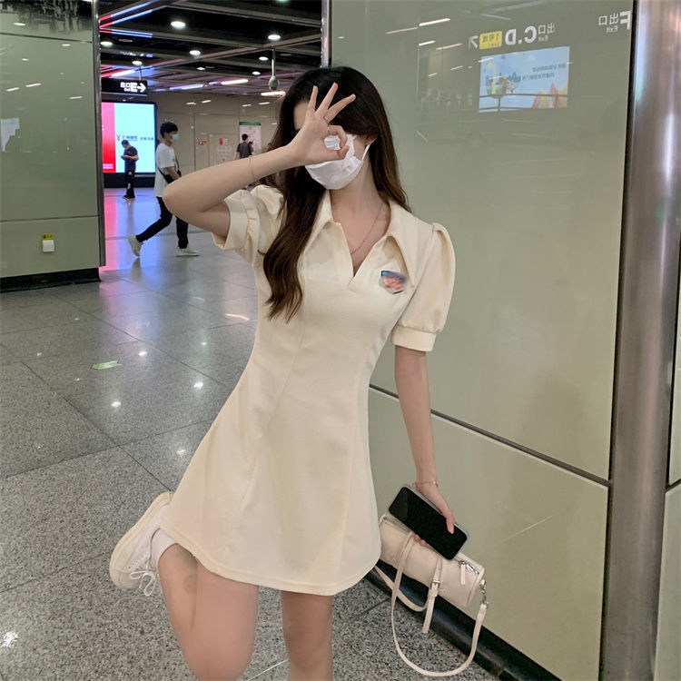 Đầm Chữ A Tay Ngắn Phồng Cổ Bẻ Thời Trang Mùa Hè Hàn Quốc Mới 2023