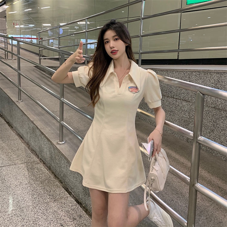 Đầm Chữ A Tay Ngắn Phồng Cổ Bẻ Thời Trang Mùa Hè Hàn Quốc Mới 2023