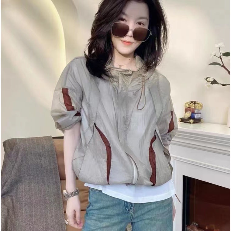 Áo Khoác Chống Nắng Thoáng Khí Có Mũ Trùm Phối Màu Tương Phản Thời Trang Xuân Hè 2023 Cho Nữ Thẻ