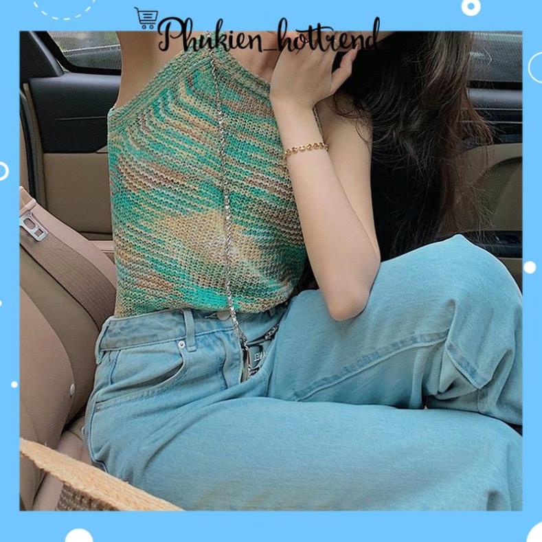 Áo Croptop Nữ Dệt Kim Màu Cầu Vồng Phong Cách Hàn Siêu Xinh