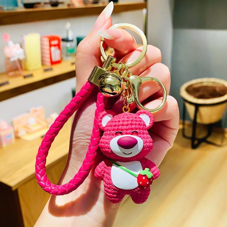 Móc Khóa Cao Cấp Gấu Dâu Hồng Đậm Kèm Dây Siêu Cute Mẫu Mới PP