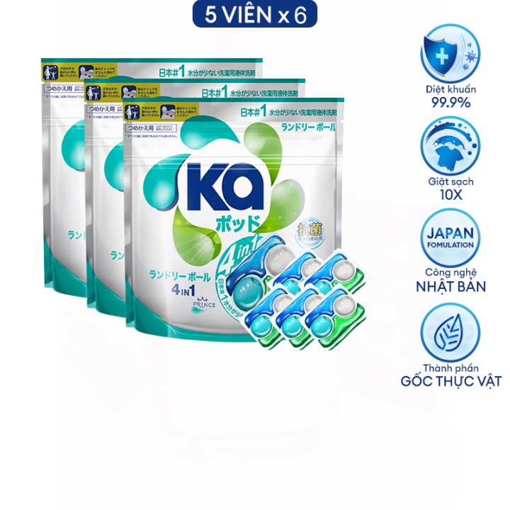 (SALE SL ÍT) Combo 6 Túi Viên Giặt Quần Áo Đa Năng 4 Trong 1 KA pod làm sạch sâu, kháng khuẩn, bền màu (5 Viên/ Túi)