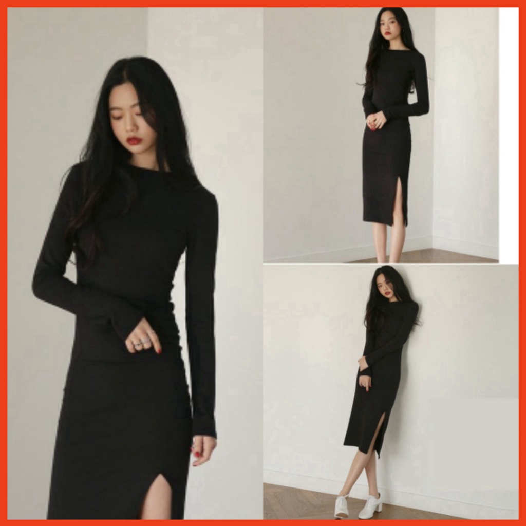 Đầm Nữ Body Đen Xẻ Vạt Dáng Dài dưới 58kg - Ôm Chất Q065 Sabi Shop