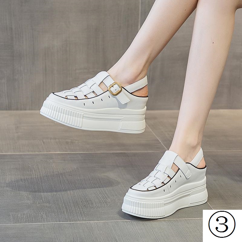 Giày Sandal Da Thật 8cm Tăng Chiều Cao 8cm Thiết Kế Đục Lỗ Thoáng Khí Thời Trang Mùa Hè 2023 Cho Nữ（Chỉ có màu đen）
