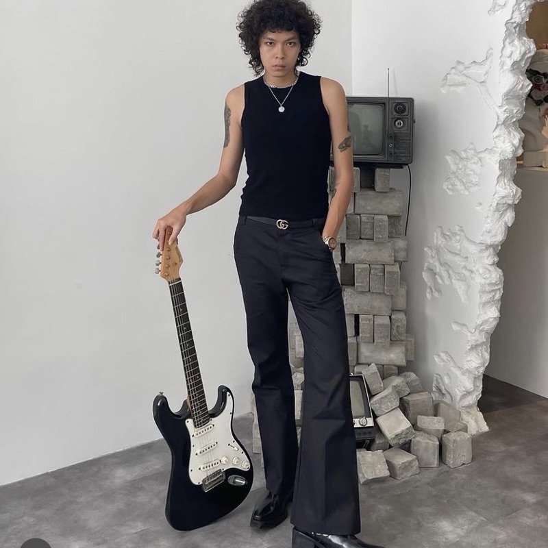 Quần ống loe kaki đen trơn "OBSTIC LOVE" - flare pants thêu logo