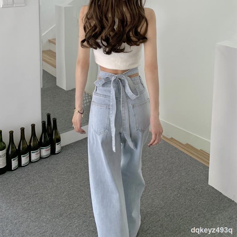 Thiết kế cảm giác dây đeo thắt lưng cao tinh khiết mong muốn hot girl quần jeans nữ mùa hè ống rộng quần ống rộng thẳng