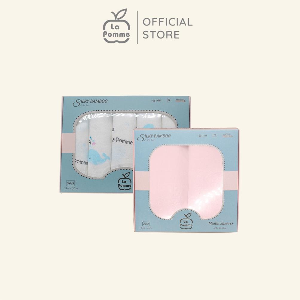 Combo 2 K001 Set 5 Khăn sữa (30x30cm) Cá heo + K002 Set 2 Khăn đa năng sợi tre lụa Hi Con Yêu (75x75cm) - Hồng Pastel