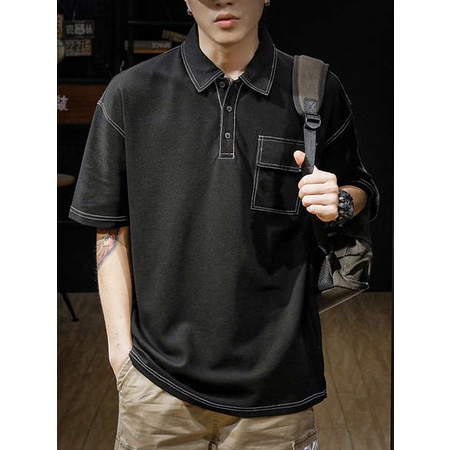 ♡Mùa hè tập thể dục dòng túi áo thun ngắn tay áo polo thương hiệu phong cách nam ins rộng thùng thình cộng v
