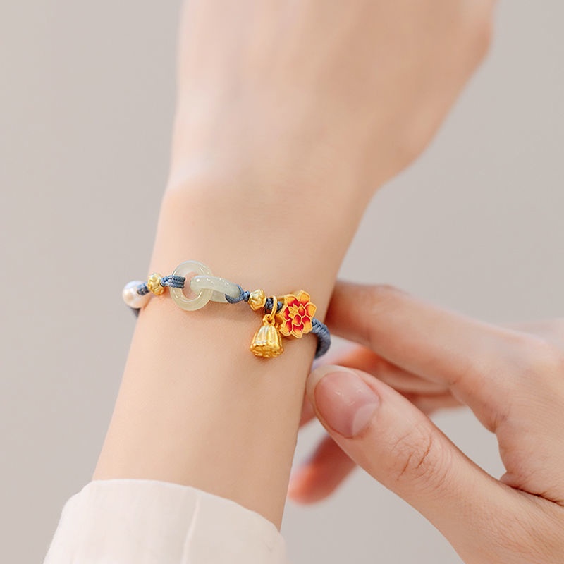 Vòng Tay Bện Dây Có Khóa An Toàn Hình Hoa Sen Màu Xanh Dương Cho Nữ