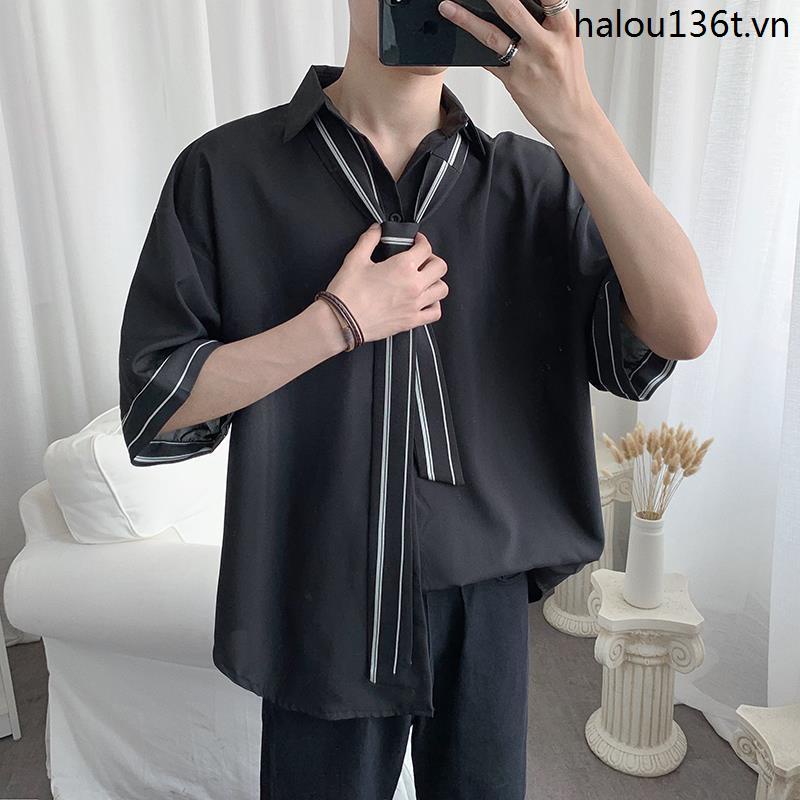 Áo Sơ Mi Đen Tay Lửng Thời Trang Mùa Hè Cho Nam Nữ