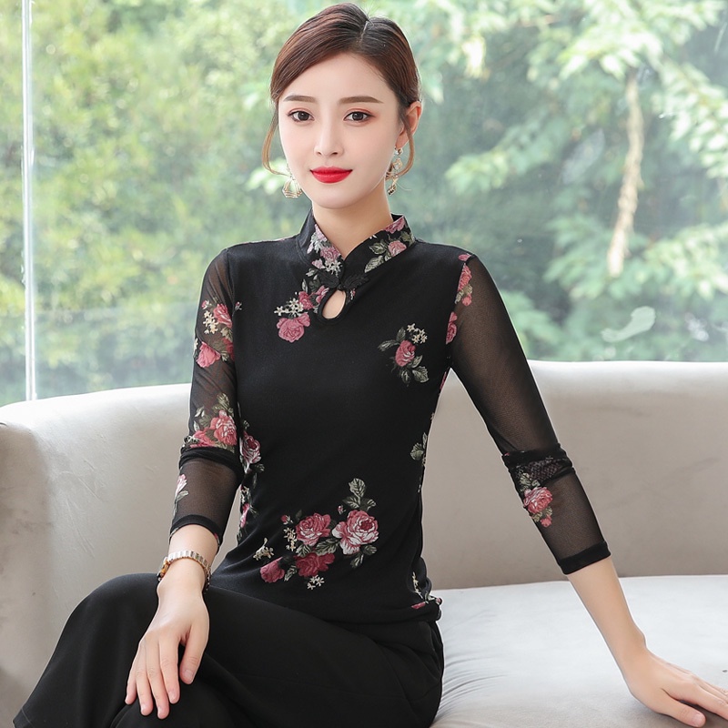 Áo Sơ Mi Tay Dài Cổ Đứng Phối Ren Phong Cách Dân Tộc Trung Hoa Thời Trang Xuân Thu Năm 2021