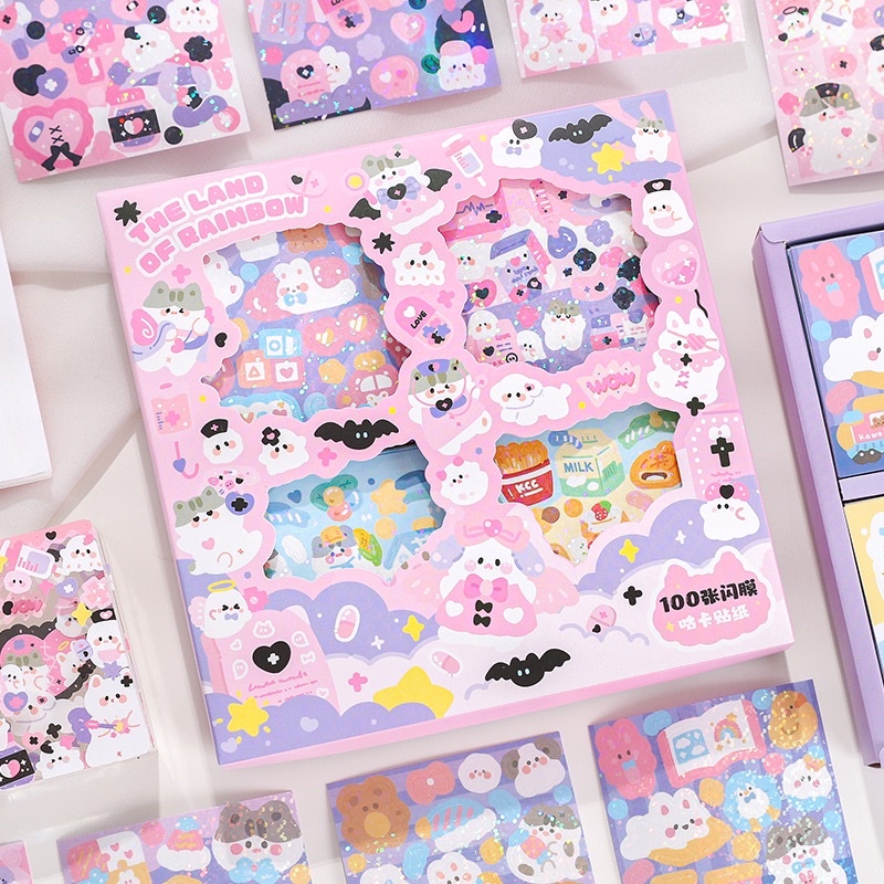 🌸Hộp 100 tấm sticker nhãn dán trang trí sổ, bình sữa dễ thương🌸