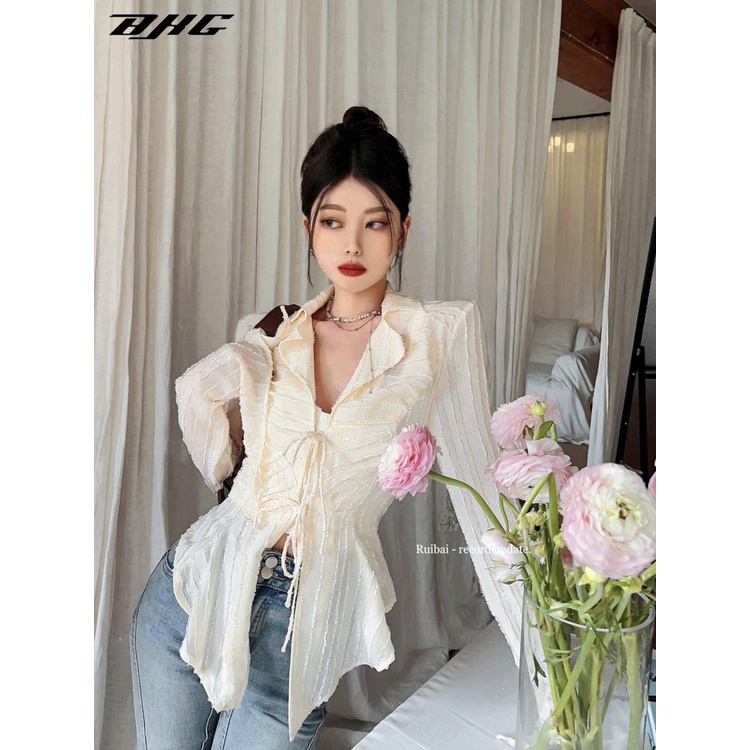 Áo sơ mi chiffon BJHG WAVW tay dài cổ v thời trang dành cho nữ