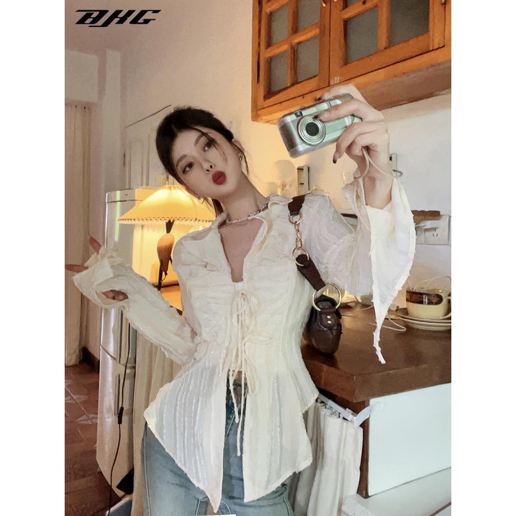 Áo sơ mi chiffon BJHG WAVW tay dài cổ v thời trang dành cho nữ
