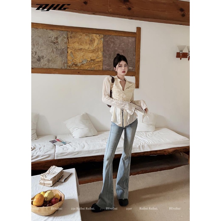 Áo sơ mi chiffon BJHG WAVW tay dài cổ v thời trang dành cho nữ