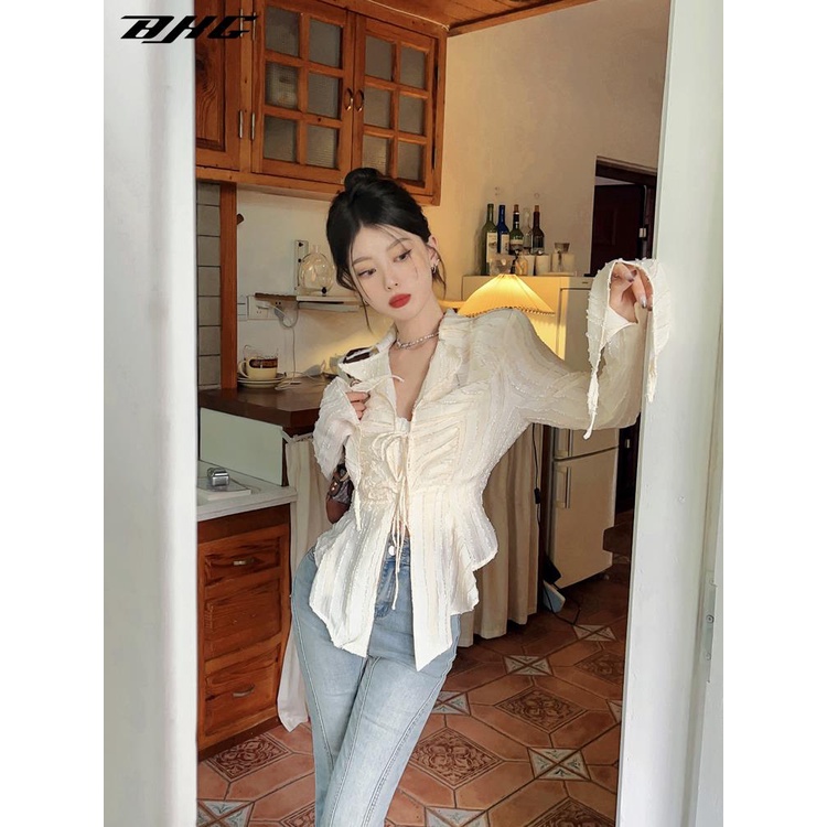 Áo sơ mi chiffon BJHG WAVW tay dài cổ v thời trang dành cho nữ