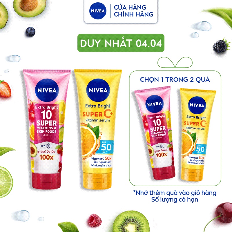 Bộ Đôi Serum Dưỡng Thể NIVEA Vitamin Ngày & Đêm Dưỡng Sáng Da Hiệu Quả: Vitamin Super C+ & 10 Super Vitamins (180 ml)