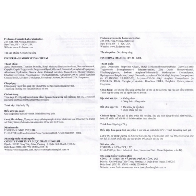 [Hàng Nhập Khẩu] Kem chống nắng Fixderma Shadow SPF 50+ , SPF 30+  PA+++ 75g - Kcn Fixderma
