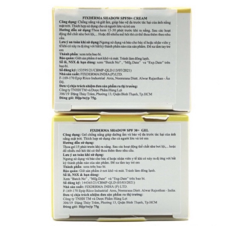 [Hàng Nhập Khẩu] Kem chống nắng Fixderma Shadow SPF 50+ , SPF 30+  PA+++ 75g - Kcn Fixderma