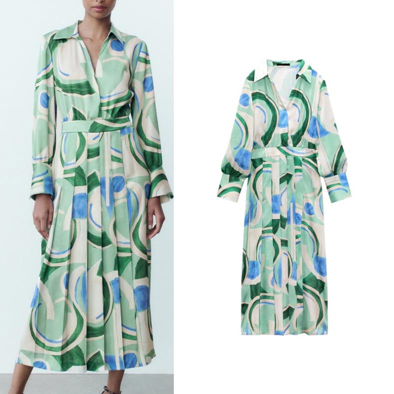 Zara Morocco full tag - Đầm ZARA In Họa Tiết xanh Xếp Ly Xẻ Tà Bên Hông Yo52