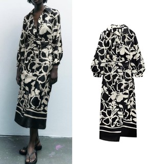 Zara Morocco full tag - Đầm Zara sơ mi suông hoa đen trắng YO52