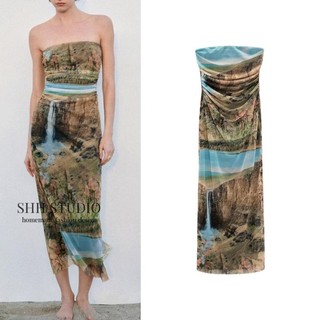 Zara Morocco full tag - Đầm Zara quấn quây thun lụa 2 lớp co dãn họa tiết cổ điển Yo46