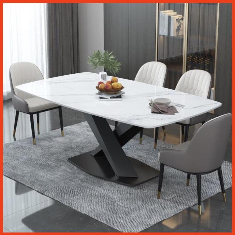 Bàn Ăn Chân Chữ X Inox Vàng Mạ PVD Bề Mặt Đá Ceramic Cao Cấp Chống Xước Vân Đá Tự Nhiên Hàng Nhập Khẩu