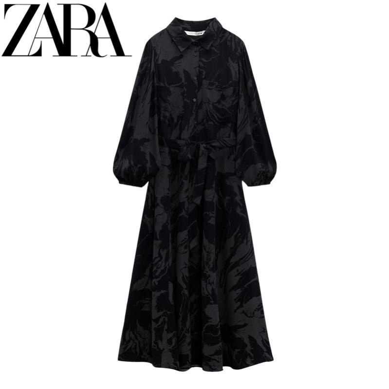 Đầm Zara sơ mi Dáng Dài In Họa Tiết đen trắng BB5052