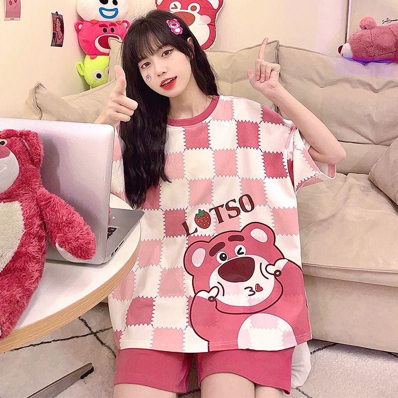 Bộ Đồ Ngủ Tay Ngắn Dáng Rộng In Hoạt Hình Gấu Dâu Tây Thời Trang Mùa Hè 2023 Cho Bạn Gái