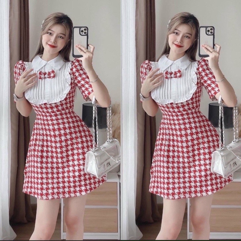 Váy đầm nữ thanh lịch trẻ trung dạ kim cương kẻ karo phối lụa trắng xếp ly trước ngực họa tiết đính nơ xinh sắn dự tiệc