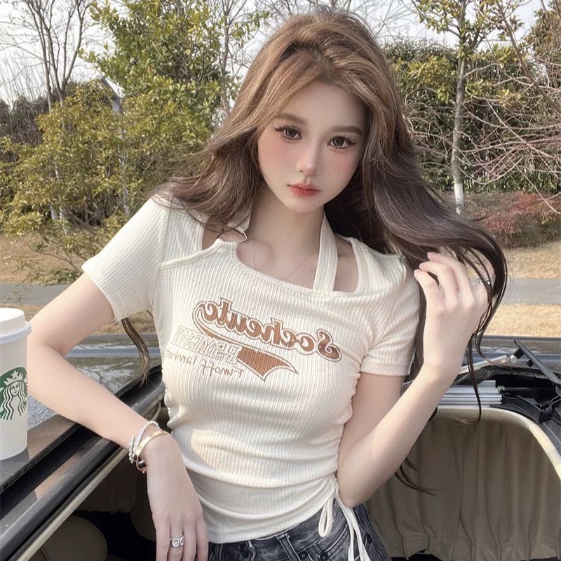 ÁO THUN CROPTOP TAY NGẮN SOCCHEUTC Phối Khoen tim, Vạt Nhọn Chéo, Rút Dây 2 bên trẻ trung sành điệu dễ thương