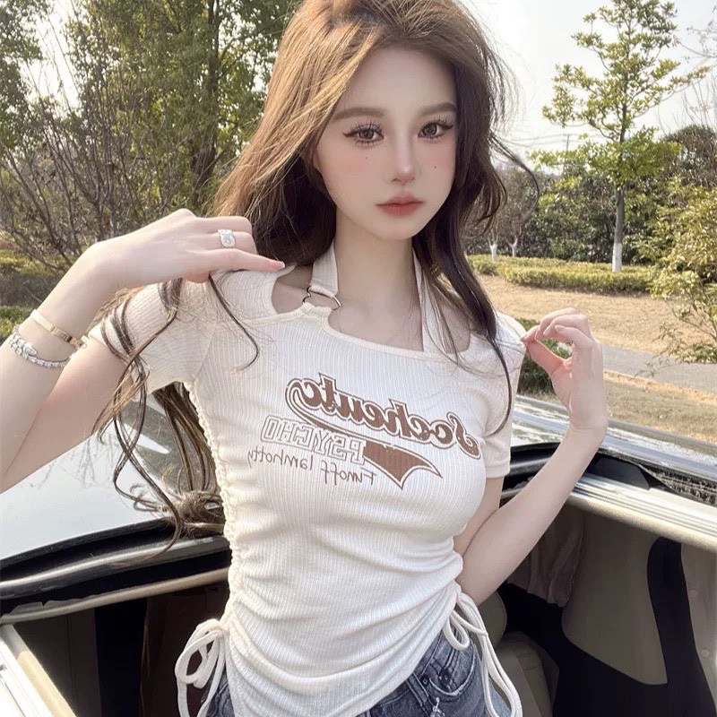 ÁO THUN CROPTOP TAY NGẮN SOCCHEUTC Phối Khoen tim, Vạt Nhọn Chéo, Rút Dây 2 bên trẻ trung sành điệu dễ thương