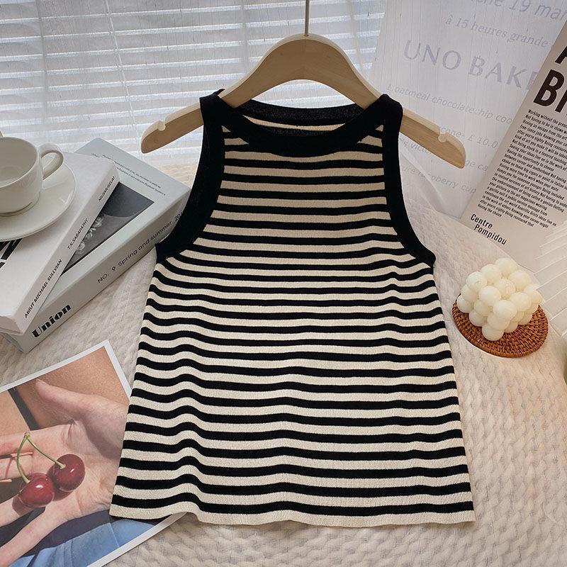 Áo Hai Dây Dáng Ngắn Ôm Sát Họa Tiết Kẻ Sọc Trắng Đen Thời Trang Mùa Hè Cho Nữ