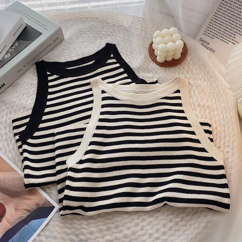 Áo Hai Dây Dáng Ngắn Ôm Sát Họa Tiết Kẻ Sọc Trắng Đen Thời Trang Mùa Hè Cho Nữ