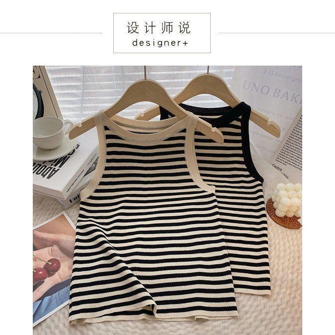 Áo Hai Dây Dáng Ngắn Ôm Sát Họa Tiết Kẻ Sọc Trắng Đen Thời Trang Mùa Hè Cho Nữ