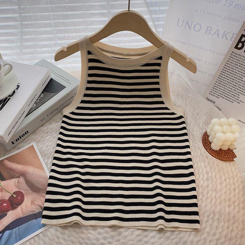 Áo Hai Dây Dáng Ngắn Ôm Sát Họa Tiết Kẻ Sọc Trắng Đen Thời Trang Mùa Hè Cho Nữ
