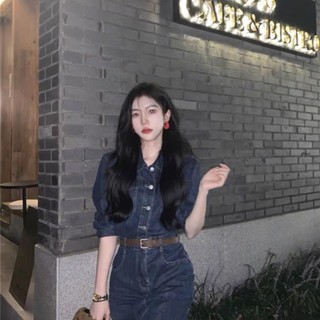 Đầm sơ mi midi jean kèm belt vani