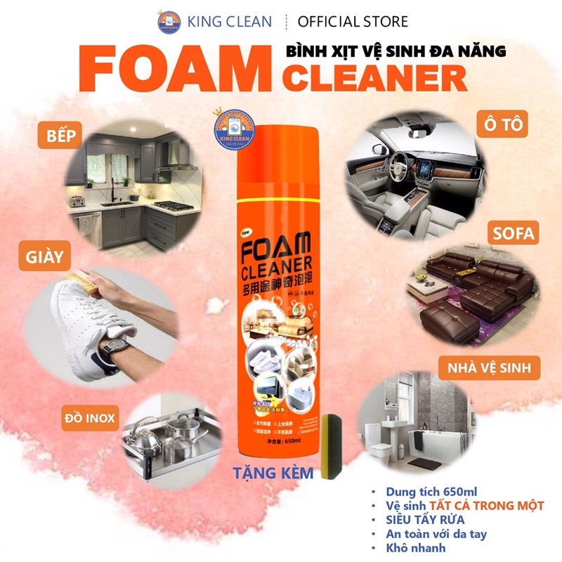 Bình Xịt Tẩy Vệ Sinh Đa Năng FOAM CLEANER - Làm sạch Bếp, Bồn rửa, Giày, Ô tô, Cặn canxi, Đồ da-KingClean