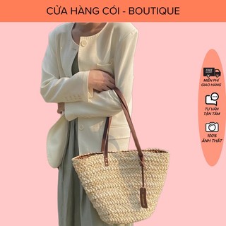 Túi cói đeo vai size lớn kiểu dáng vintage có khoá kéo