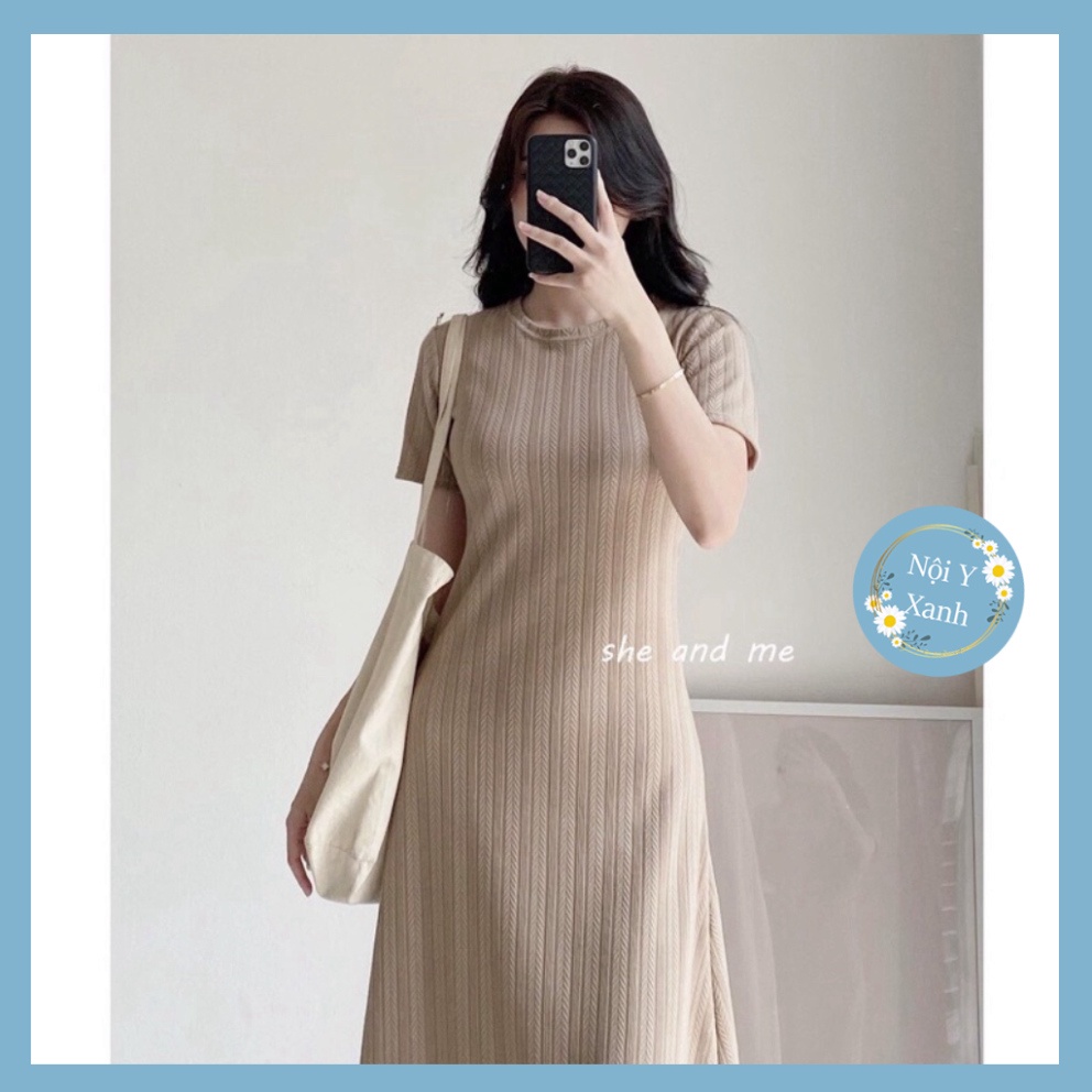 [Ảnh thật] Đầm Midi Xương Cá Co Dãn Bốn Chiều Cổ Tròn Kiểu Dáng Basic nội y xanh -  babdydoll dáng dài